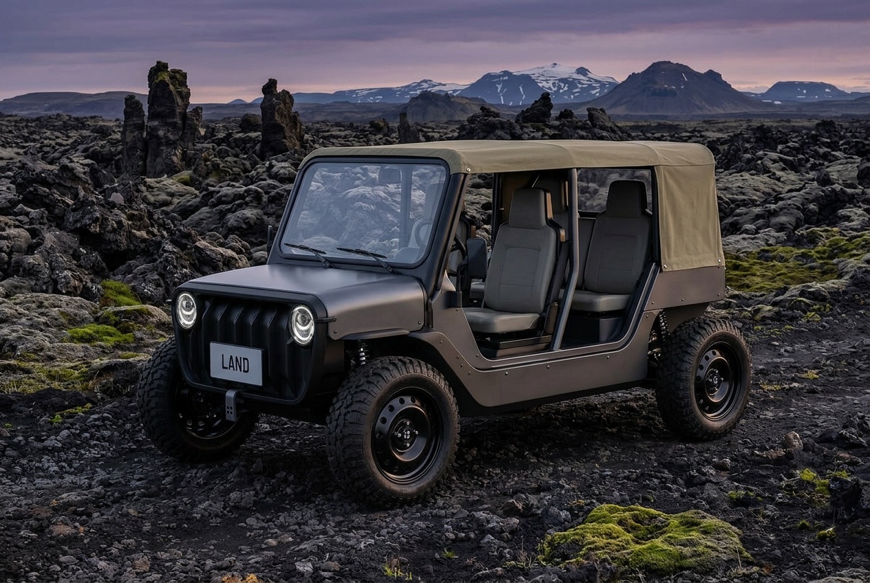 LAND open-top vehicle on Icelandic lava field at dusk