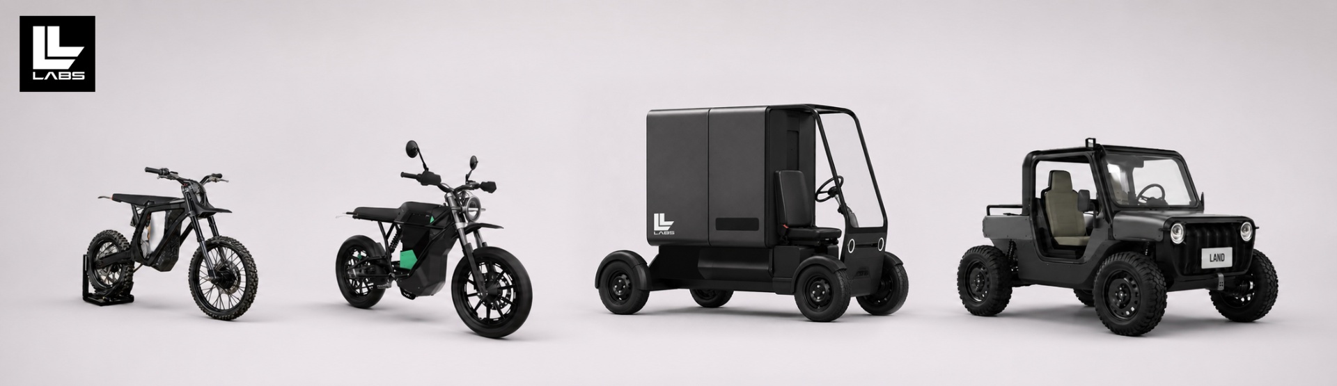 LAND Labs vehicle lineup — electric dirt bike, street motorcycle, micro-utility EV, and 4-wheel rugged vehicle
