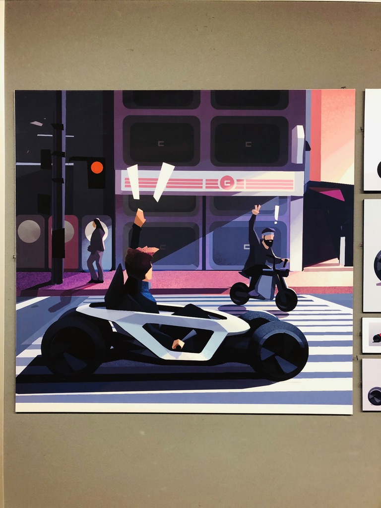 Editorial illustration — futuristic urban mobility at a crosswalk